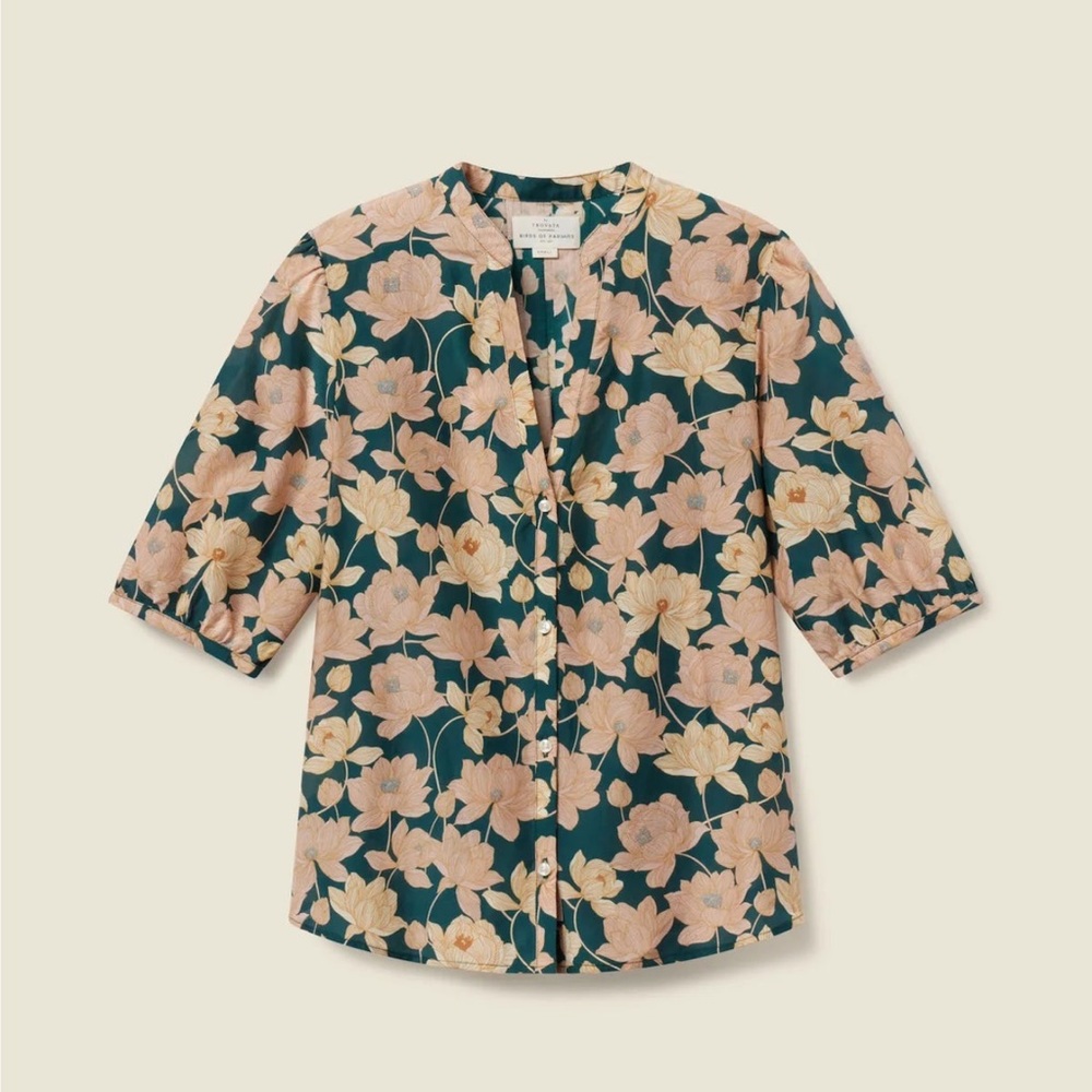 Floral Button-Front Blouse in Teal and Blush - Women's